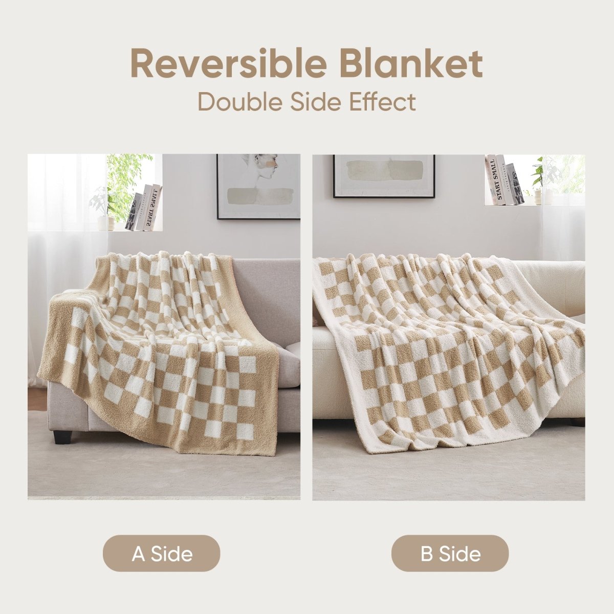 Reversible Checkered Feather Yarn Knit Throw Blanket in Beige & White featuring double side effect for versatile styling. #color_Beige & White
