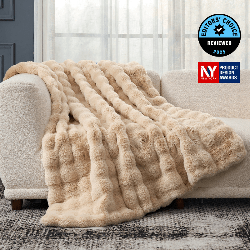 Cozy Bliss Luxurious Bubble Faux Fur Throw Blanket in beige front view #color_Beige