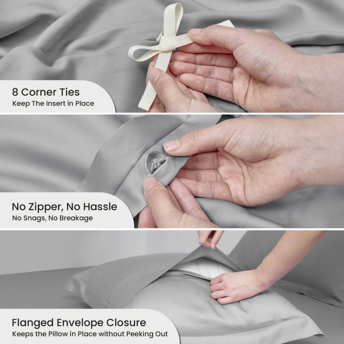 Feature overview of Cozy Bliss Tencel™ Eco-friendly Silky Duvet Cover Set, showing corner ties, button closure, and pillow sham design. #color_Grey