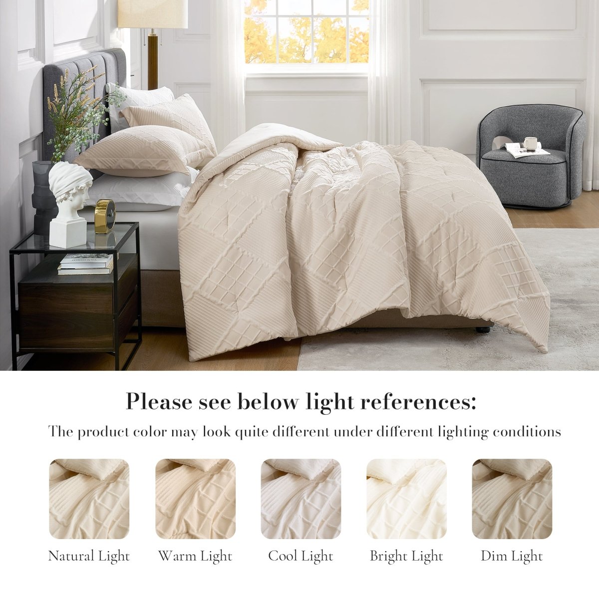 Diamond jacquard comforter set shown under different lighting conditions for color reference #color_Beige