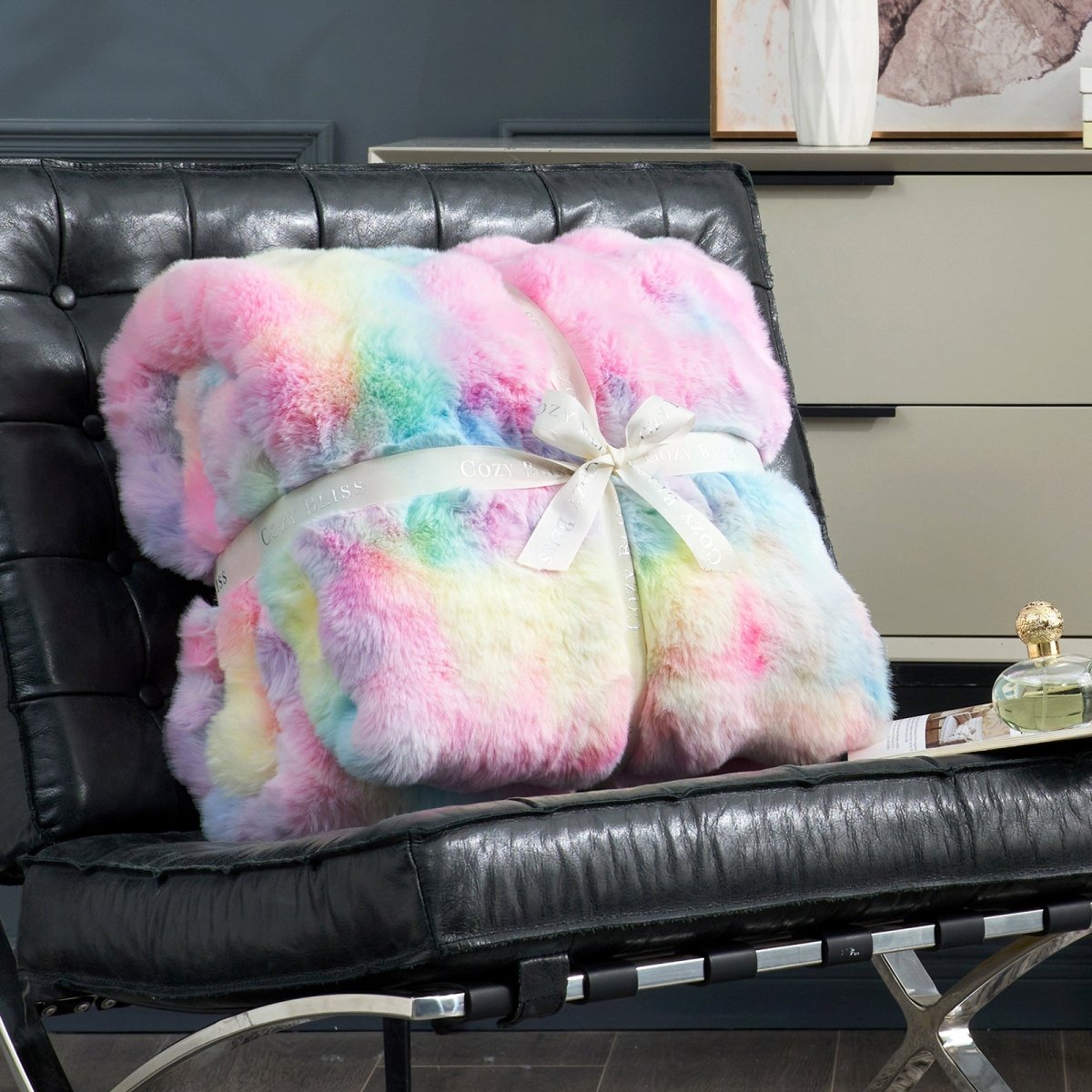 Cozy Bliss tie-dye rainbow faux fur throw blanket, perfect for gift. #color_Tie-dye Rainbow