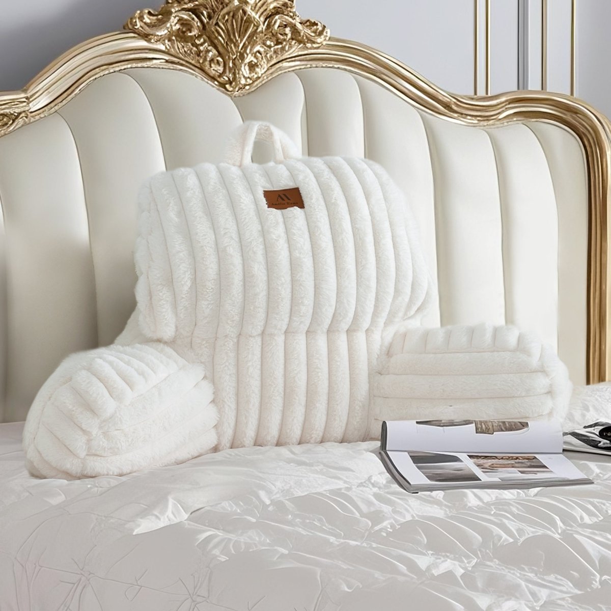 Cozy Bliss striped faux fur backrest pillows in ivory #color_Ivory