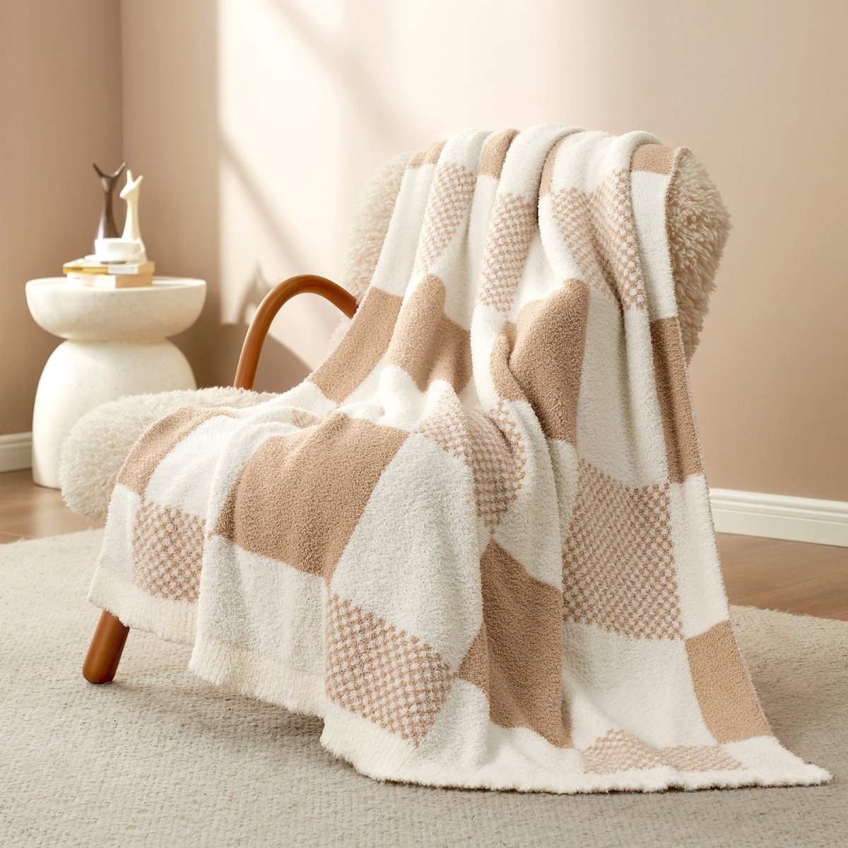 Checkered Feather Yarn Throw Blanket in Beige & White front view draped over an armchair, showcasing soft feather yarn texture and checkered pattern design. #color_Beige & White