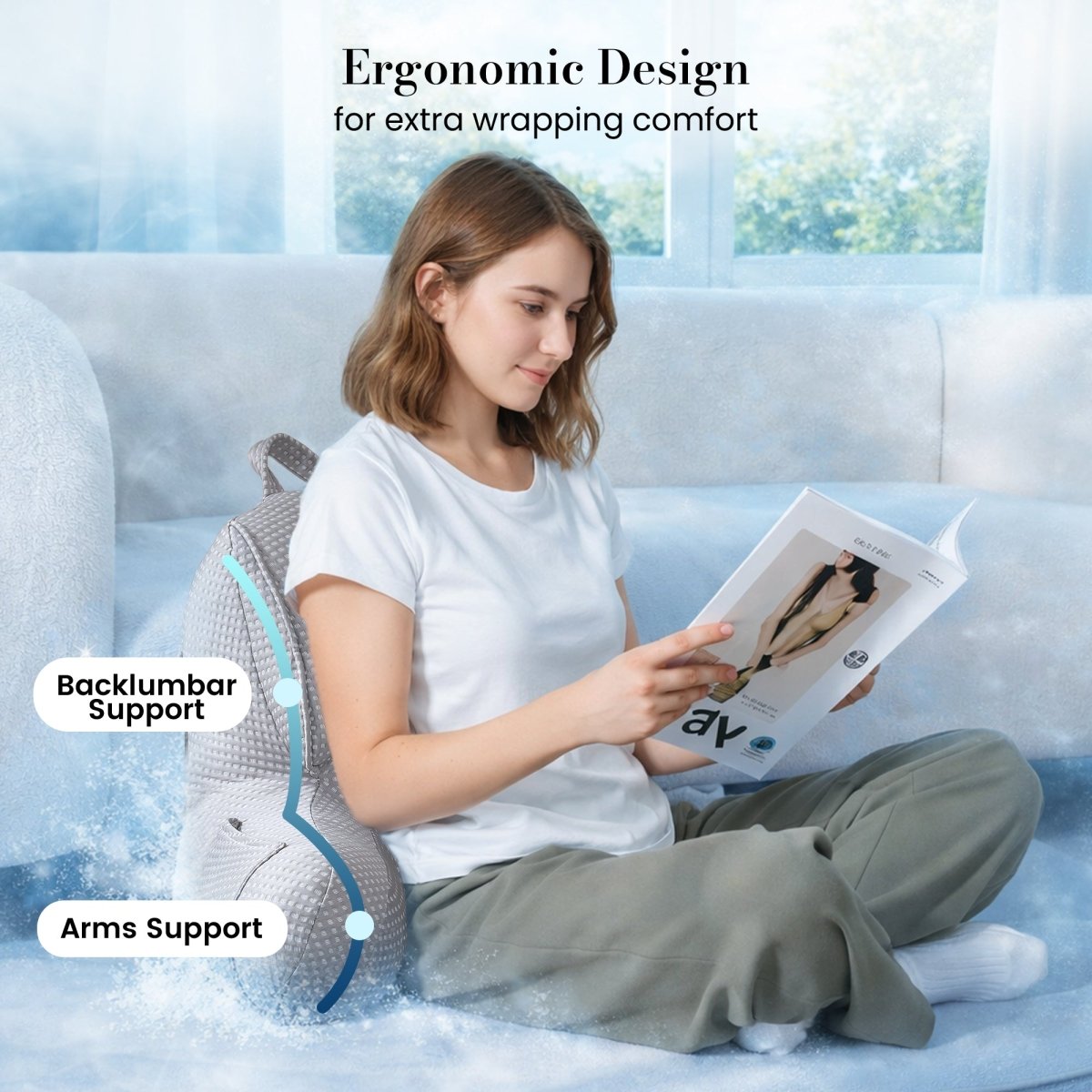 Woman reading a book with Cozy Bliss grey backrest reading pillow. #color_Grey