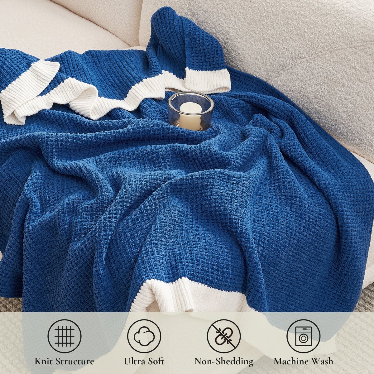 Close-up of Chenille Waffle Knit Throw Blanket in Dark Blue highlighting plush chenille knit. #color_Dark Blue