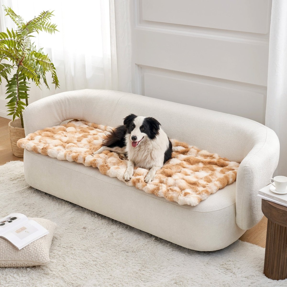 Dog lying on a tie-dye brown couch cover in a cozy living room#color_Tie-dye Brown