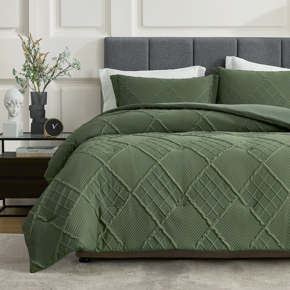 Cozy Bliss diamond jacquard comforter set styled on a modern upholstered bed with textured geometric stitching #color_Oliver Green