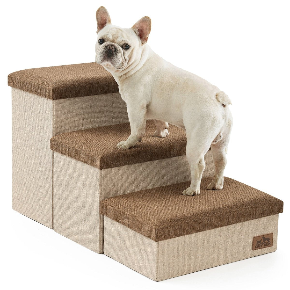 Cozy Bliss 3 Step Arthritis Prevention Storage Pet Stairs in brown with a dog stepping on it. #color_Brown