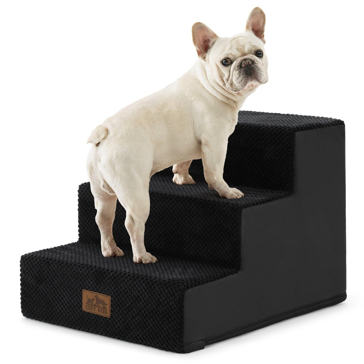 Cozy Bliss 3 Step Right-Angle Arthritis Prevention Foam Pet Stairs in black with a dog stepping on it. #color_Black