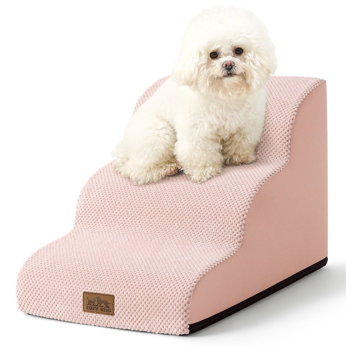 Small white dog sitting on a pink pet ramp with a white background#Color_Pink