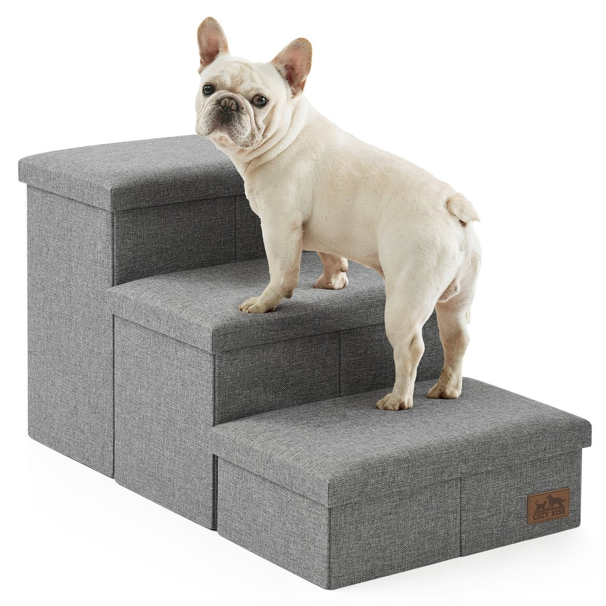 Cozy Bliss 3 Step Arthritis Prevention Storage Pet Stairs in grey with a dog stepping on it. #color_Grey