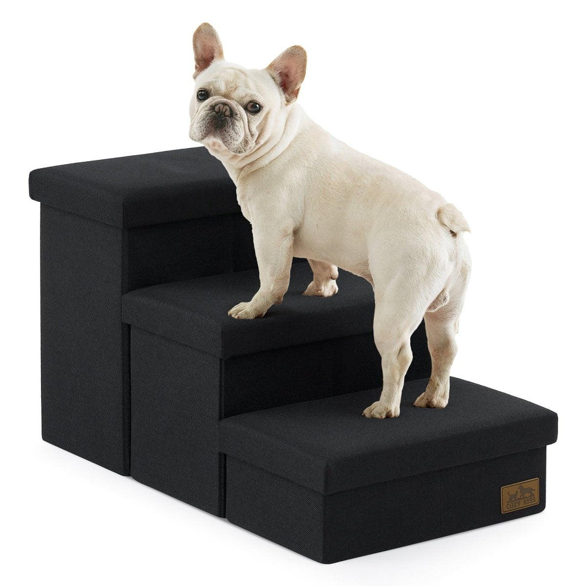 Cozy Bliss 3 Step Arthritis Prevention Storage Pet Stairs in black with a dog stepping on it. #color_Black