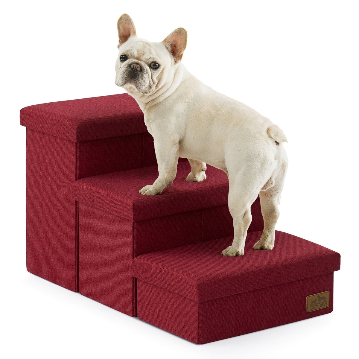 Cozy Bliss 3 Step Arthritis Prevention Storage Pet Stairs in red with a dog stepping on it. #color_Christmas Red