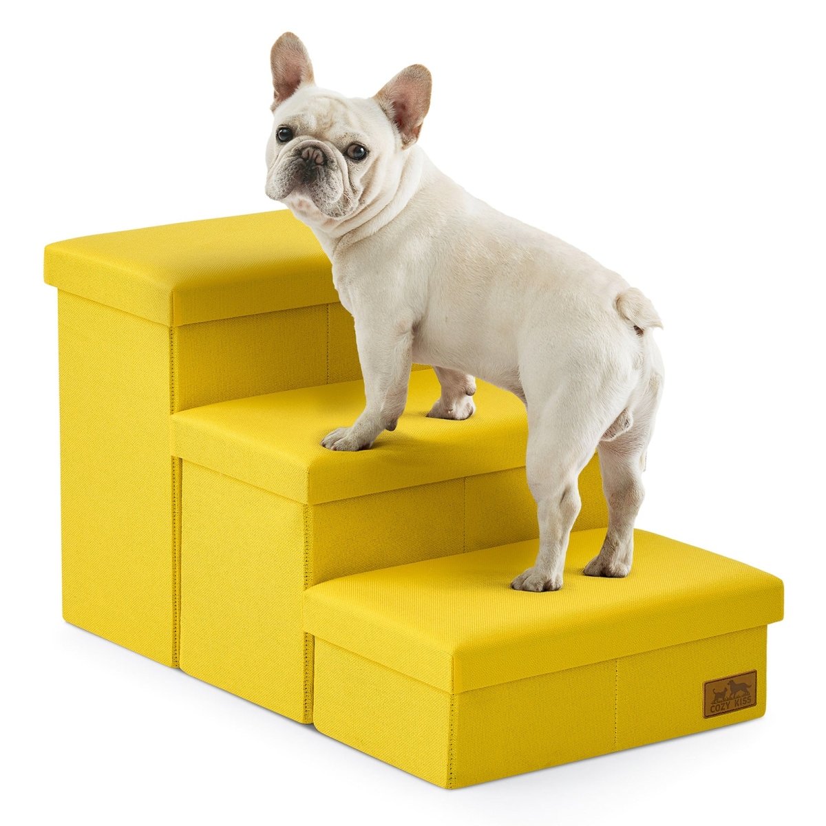 Cozy Bliss 3 Step Arthritis Prevention Storage Pet Stairs in yellow with a dog stepping on it. #color_Yellow