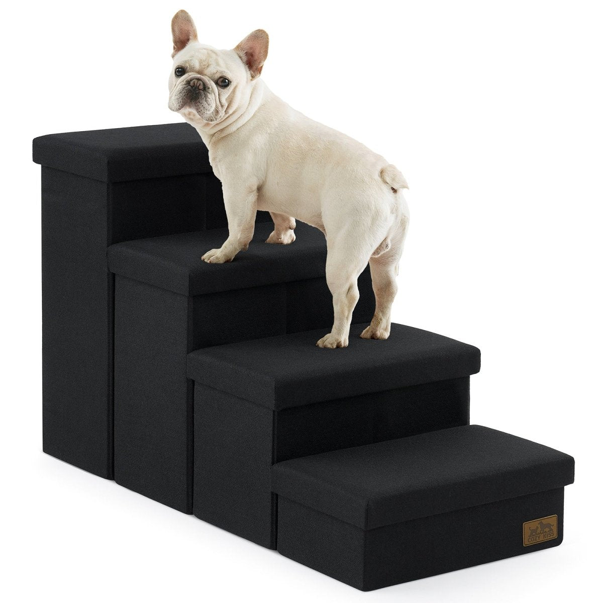 Cozy Bliss 4 Step Arthritis Prevention Storage Pet Stairs in black with a dog stepping on it.#color_Black