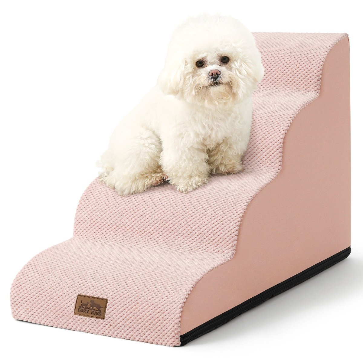 White dog sitting on a pink pet ramp with a white background#Color_Pink