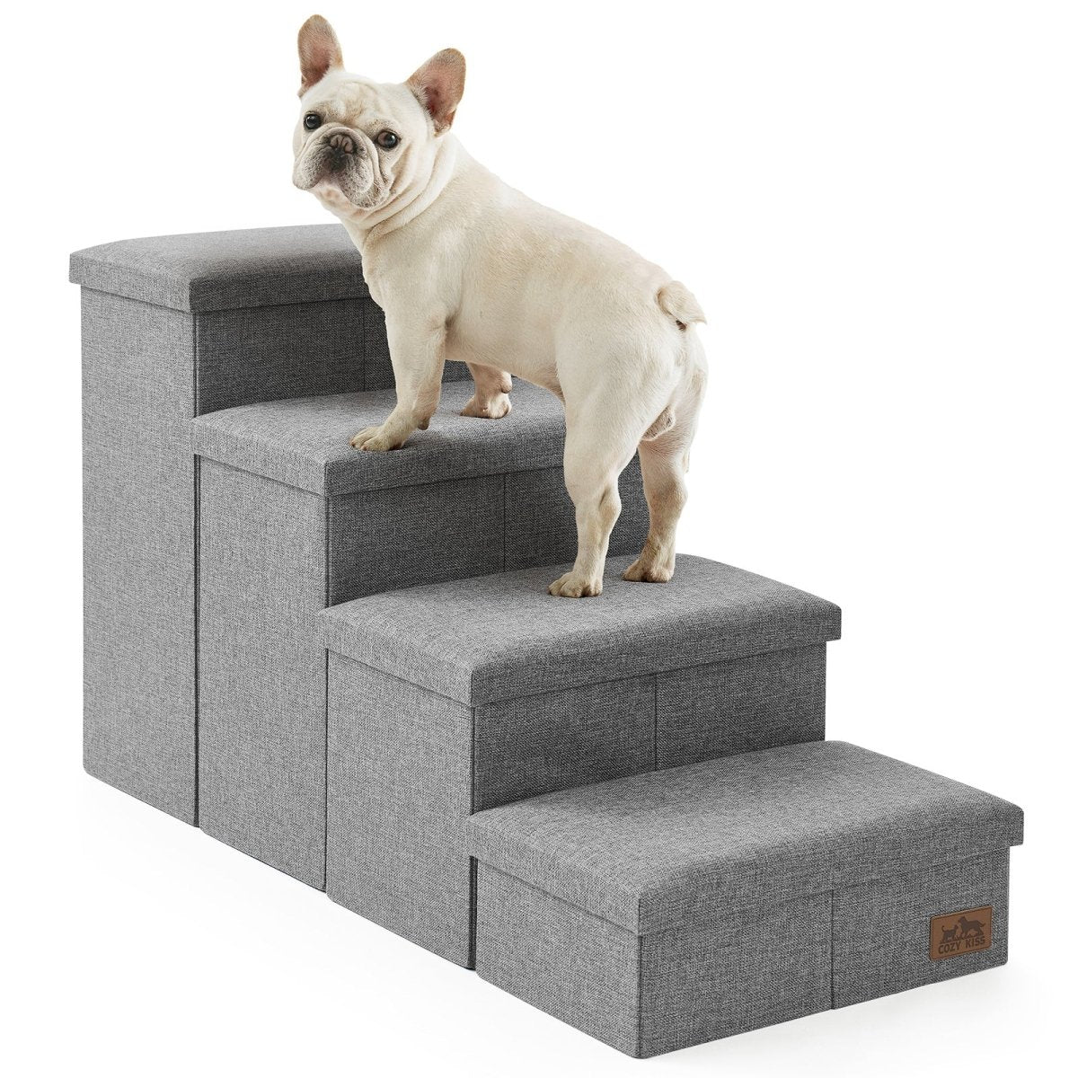 Cozy Bliss 4 Step Arthritis Prevention Storage Pet Stairs in grey with a dog stepping on it. #color_Grey