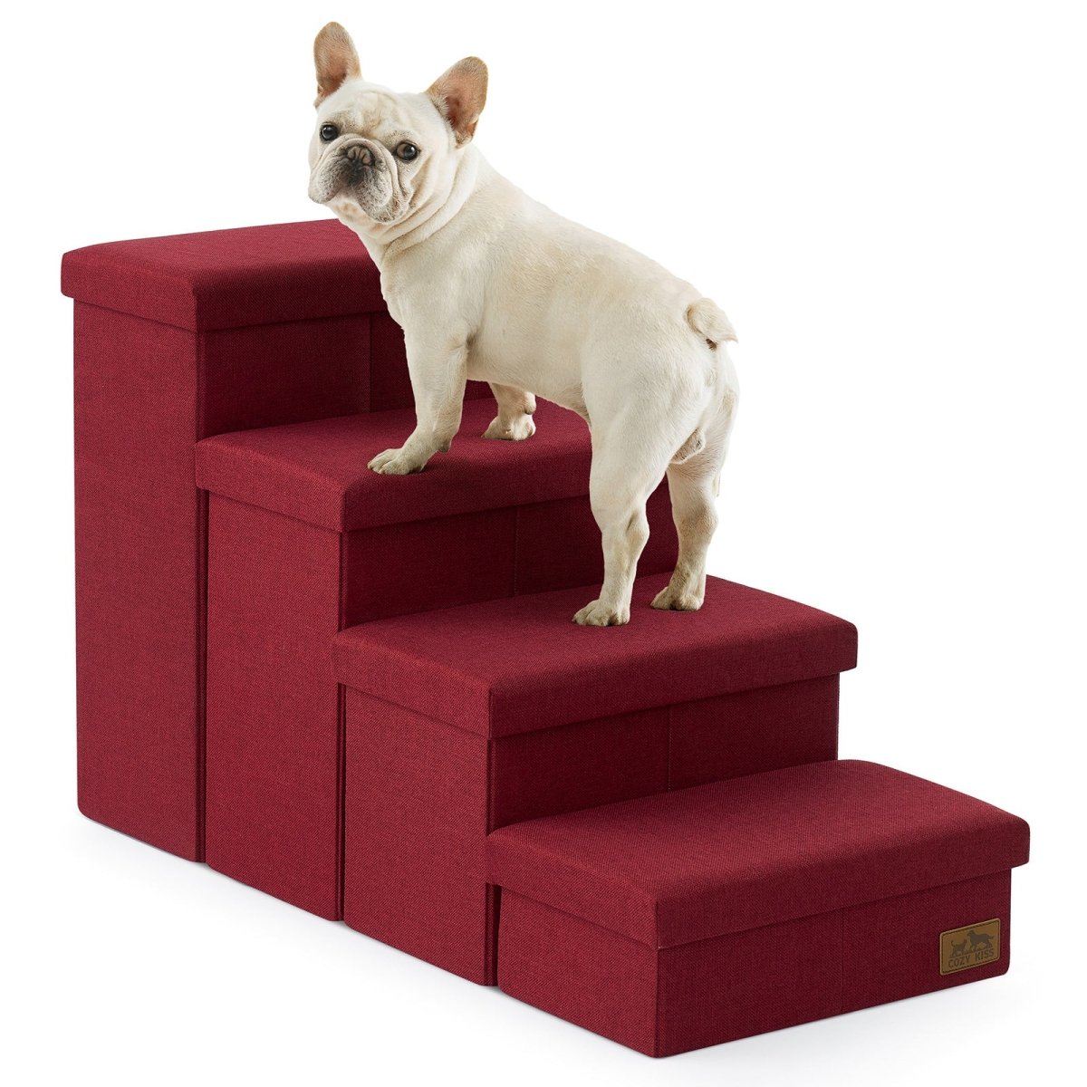 Cozy Bliss 4 Step Arthritis Prevention Storage Pet Stairs in red with a dog stepping on it. #color_Christmas Red