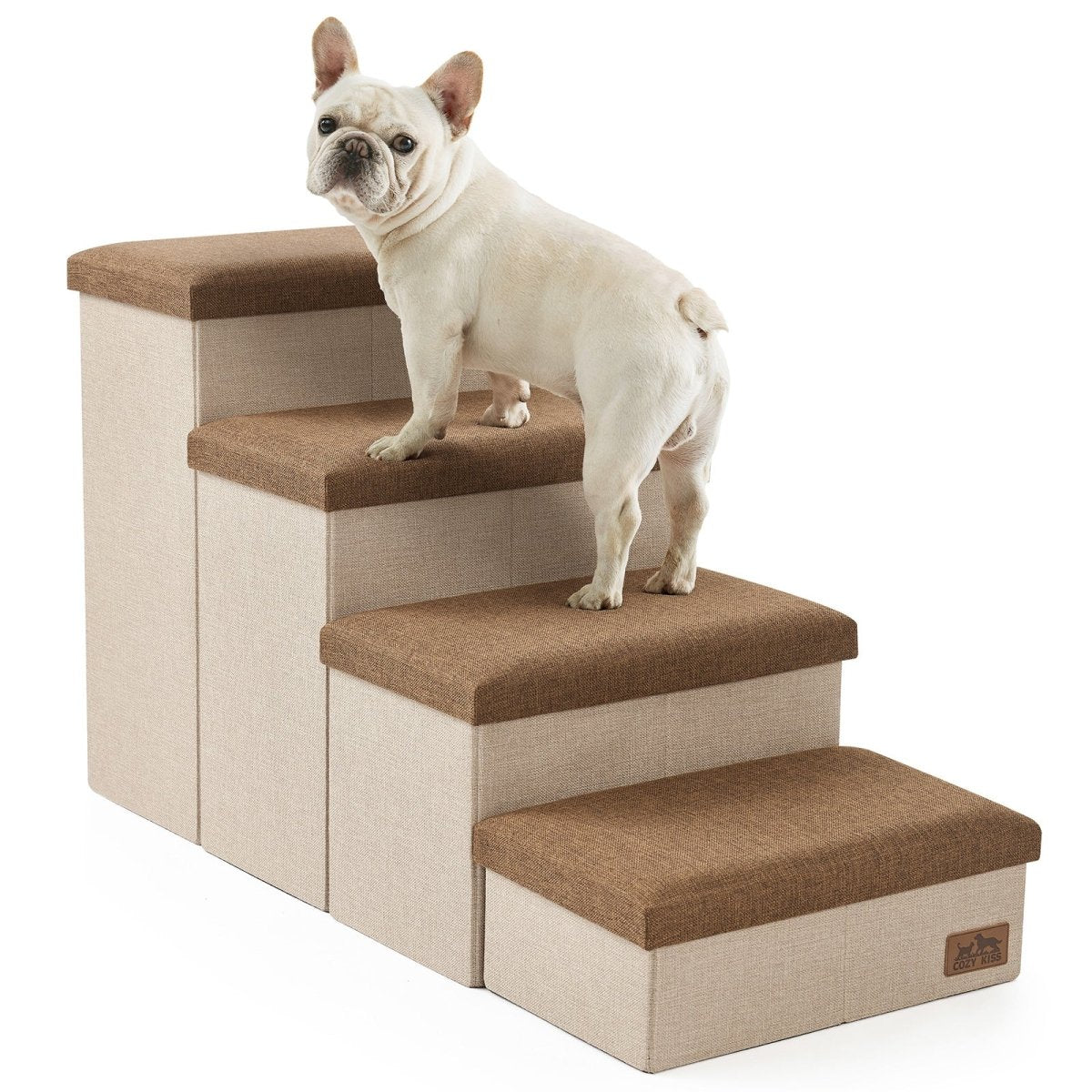 Cozy Bliss 4 Step Arthritis Prevention Storage Pet Stairs in brown with a dog stepping on it. #color_Brown