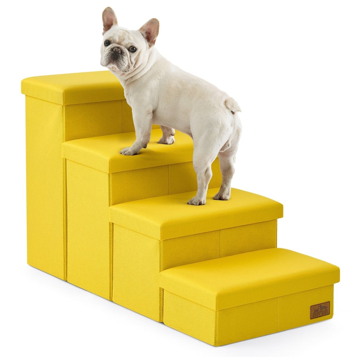 Cozy Bliss 4 Step Arthritis Prevention Storage Pet Stairs in yellow with a dog stepping on it. #color_Yellow