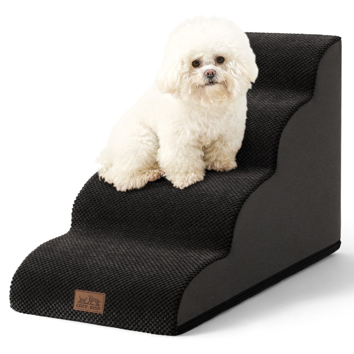 Small white dog sitting on a set of black pet stairs#Color_Black