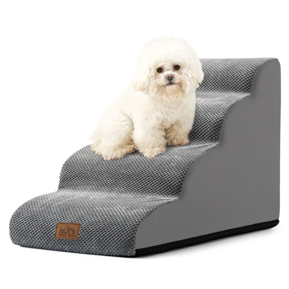 White dog sitting on a gray pet ramp with a white background#Color_Grey