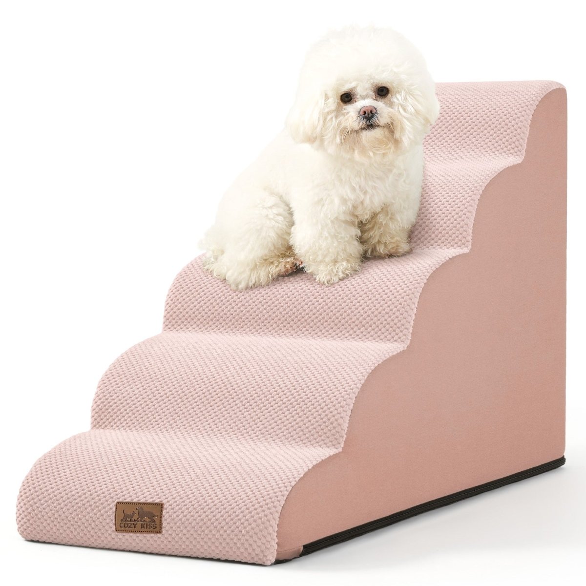 Pink pet staircase with a small white dog on a white background#Color_Pink