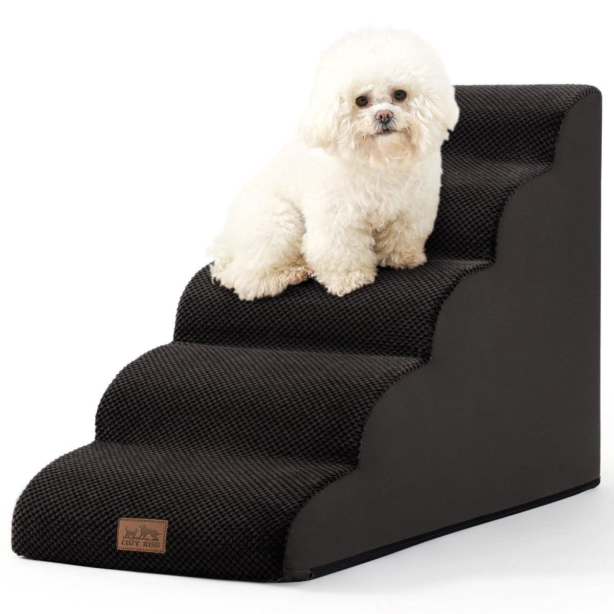 Black pet stairs with a small white dog sitting on them against a white background#Color_Black