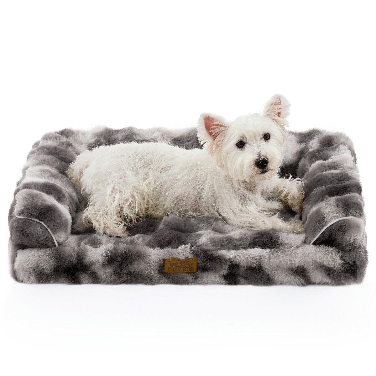 Front view of White dog on a  faux fur pet bed.#Color_Tie-dye Grey