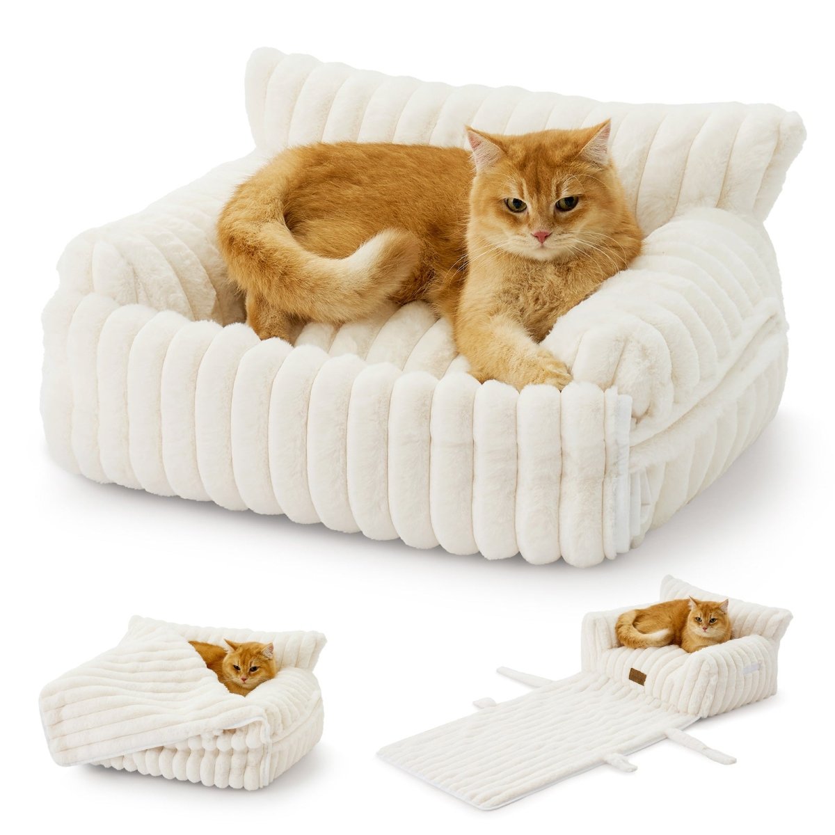Three usage for plush white pet bed with removable cover.#color_Cream White