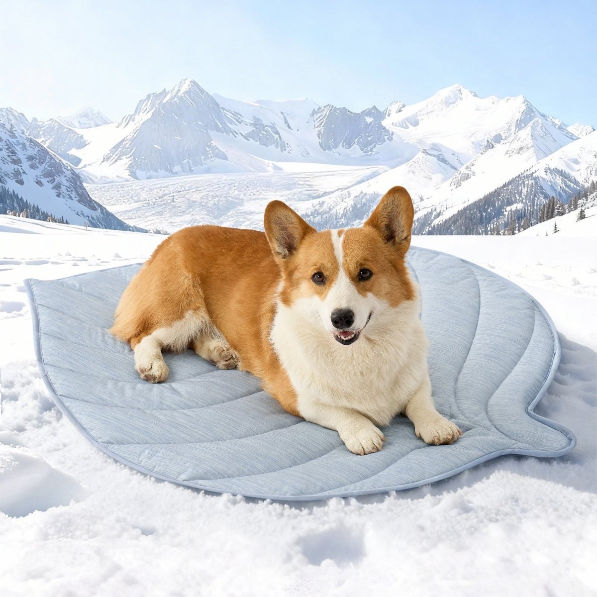 Dog lying on a blue pet bed in a snowy landscape with mountains. #color_Cool Blue