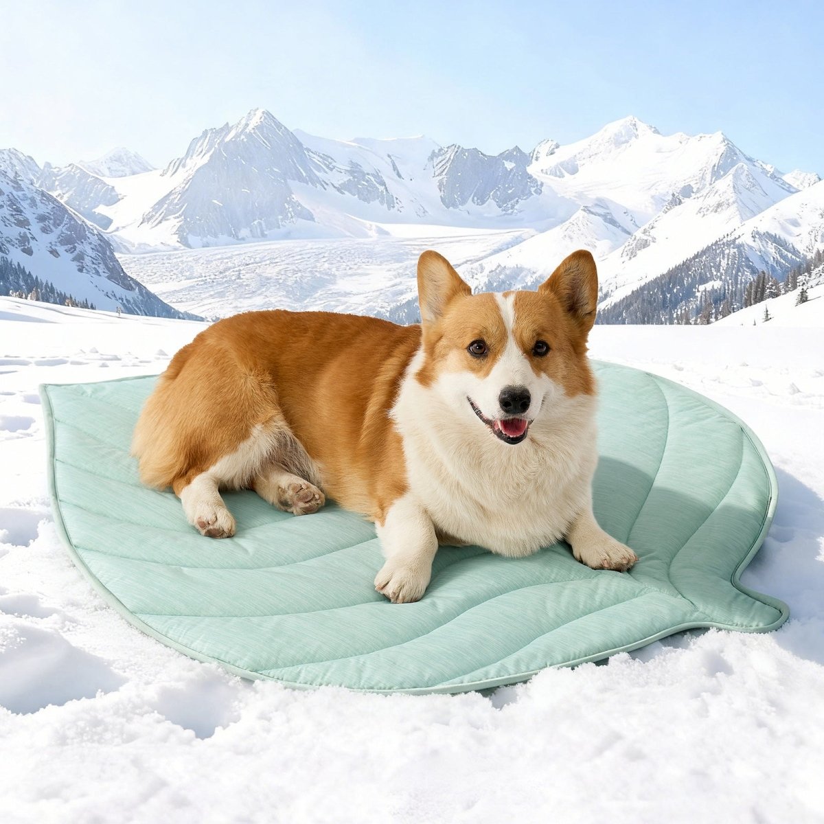 Dog lying on a green mat in the snow with mountains in the background #color_Light Mint Green