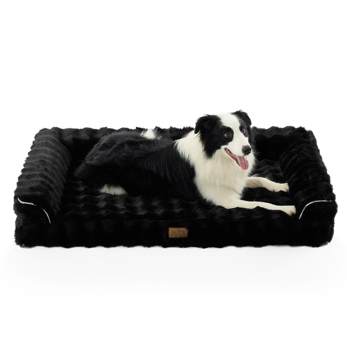 Front view of dog lying on a black pet bed with a white background#Color_Black