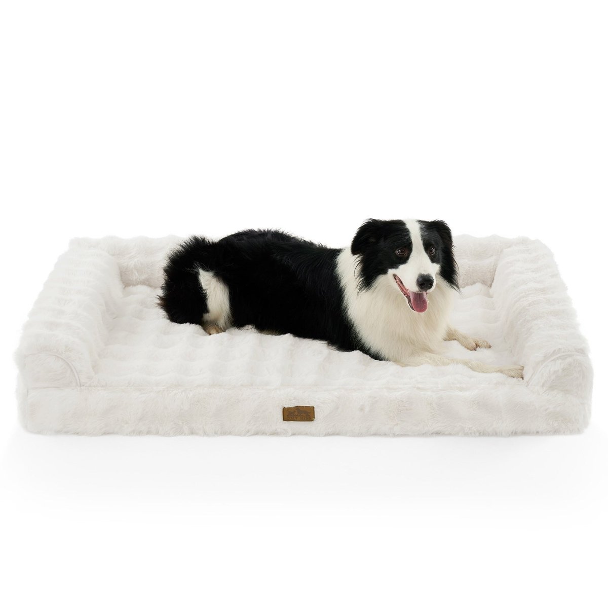 Front view of dog lying on a Cozy Bliss fluffy beige pet bed#Color_Beige