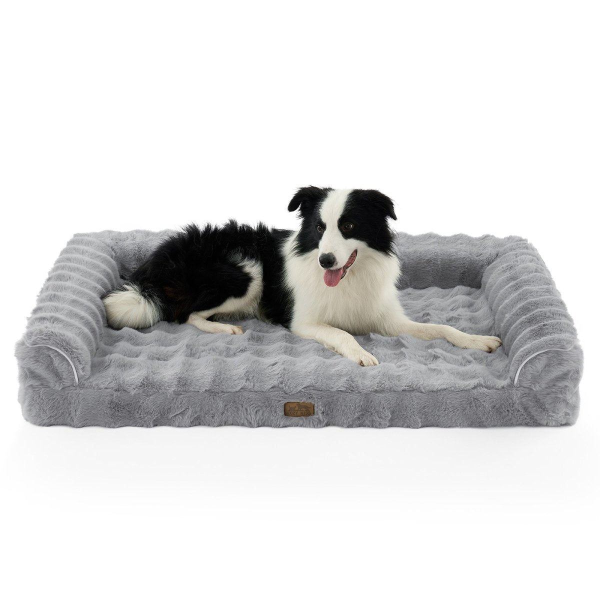 Front view of dog lying on a gray pet bed with a white background#Color_Grey