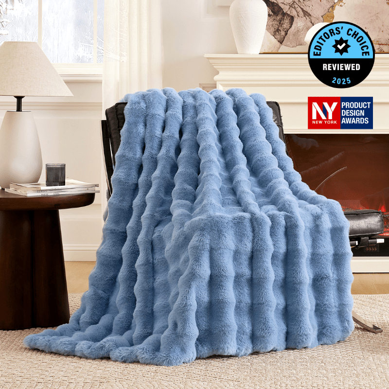 Cozy Bliss Luxurious Bubble Faux Fur Throw Blanket in misty blue front view #color_Misty Blue