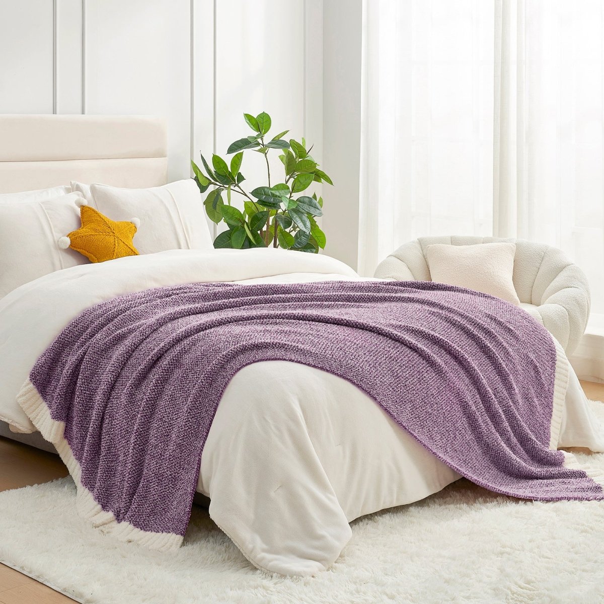 Heather Feather Yarn Throw Blanket in Lilac styled on a bed, enhancing bedroom decor with a soft, elegant and cozy layered look.  #Color_Lilac