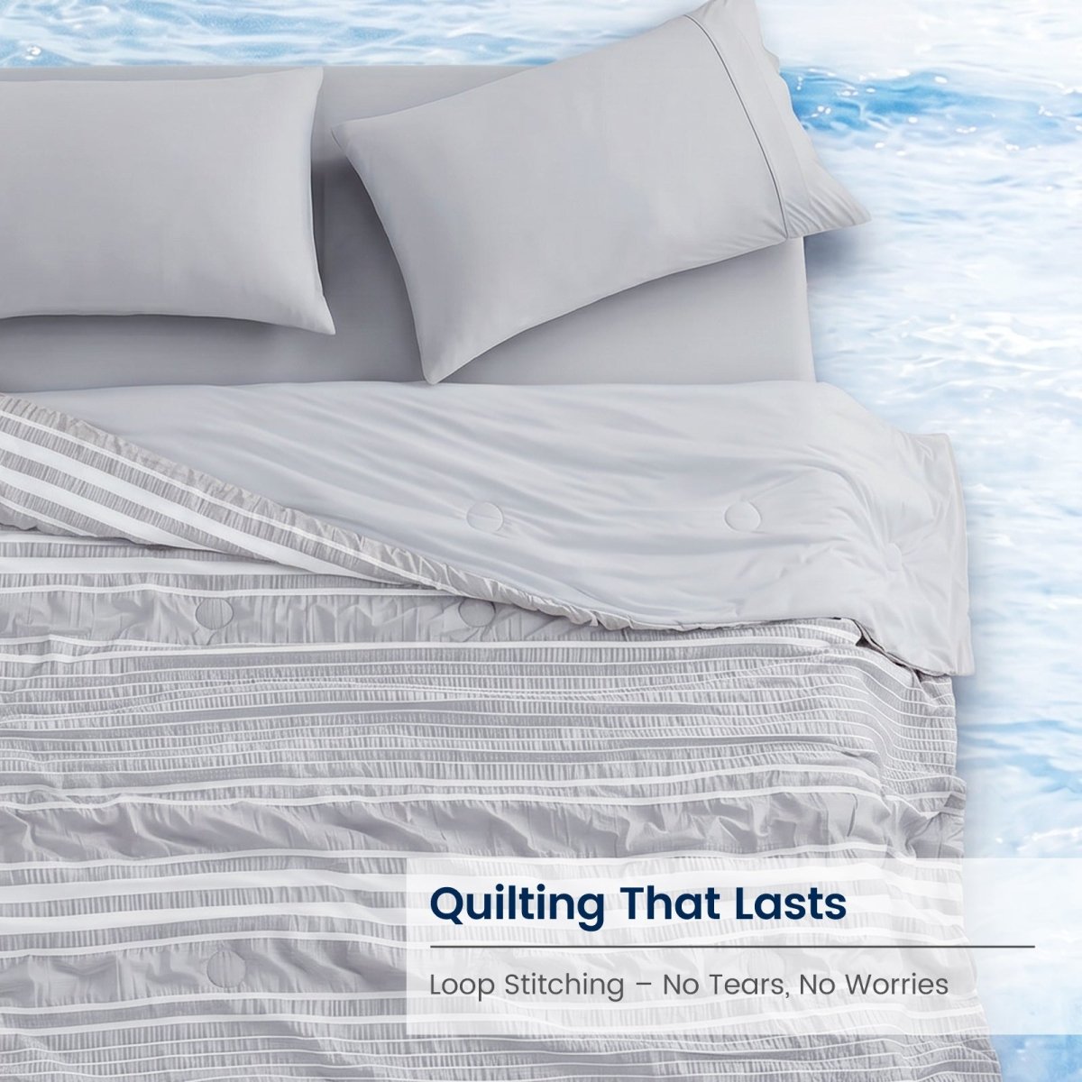 Cooling comforter in Light Grey with durable quilting and striped seersucker texture #color_Light Grey