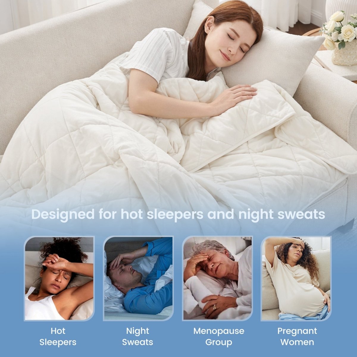 White chill weave cooling blanket for hot sleepers, night sweat, menopause group and pregnant women. #Color_Off White