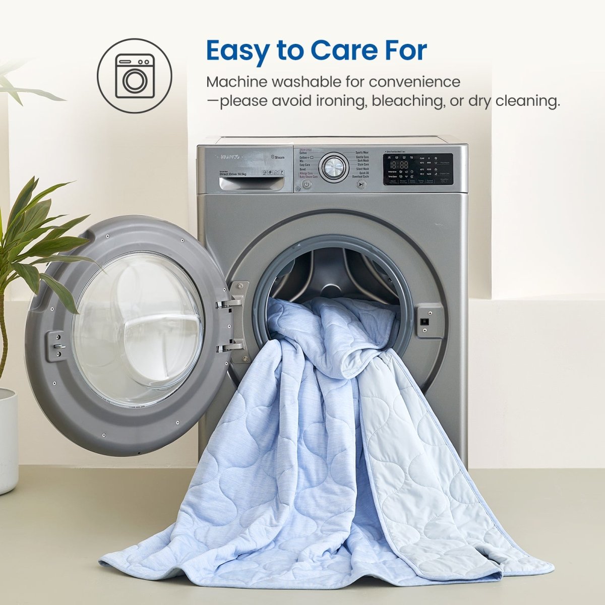 Cool Blue Cozy Bliss dual-sided cooling comforter in washing machine, machine washable and easy to care.  #color_Cool Blue