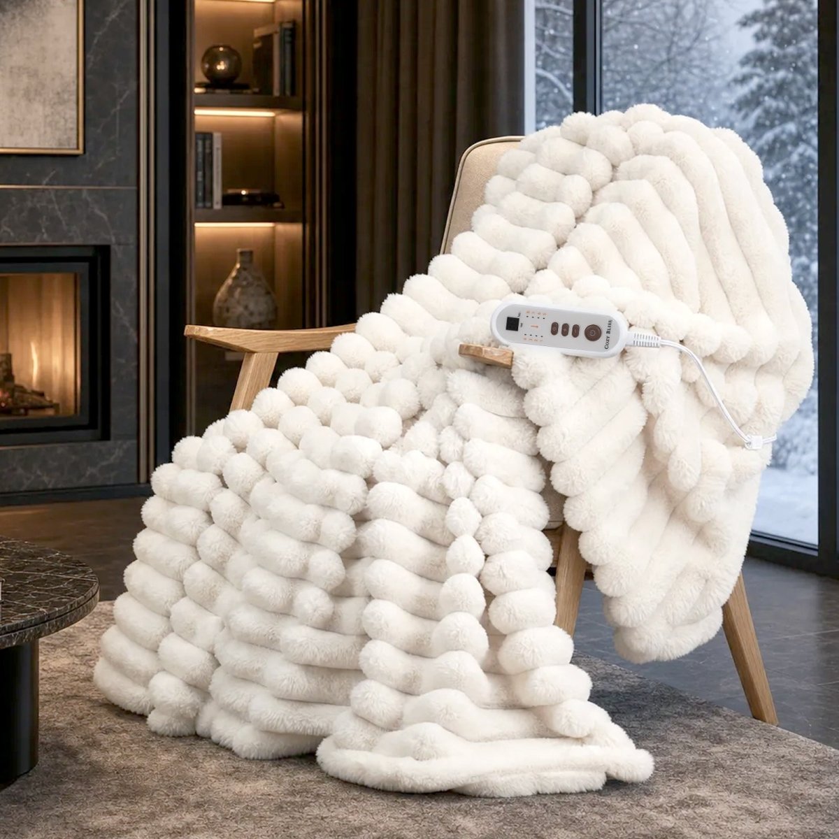 Cozy Bliss white heated faux fur blanket draped over an armchair beside a home fireplace#color_Cream White