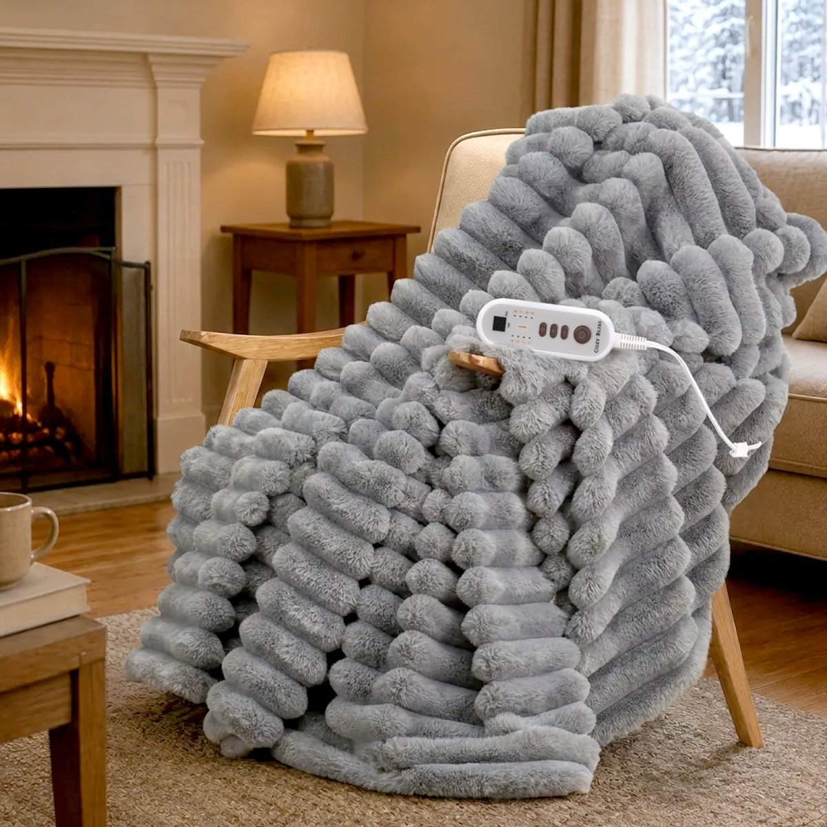Cozy Bliss grey heated faux fur blanket draped over an armchair beside a home fireplace#color_Grey