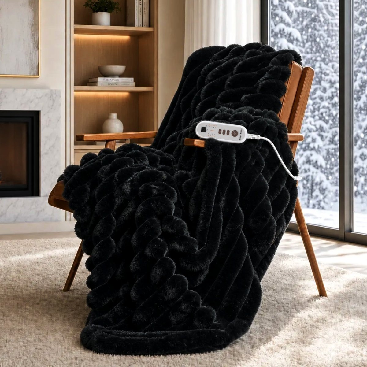 Cozy Bliss black heated faux fur blanket draped over an armchair beside a home fireplace#color_Black