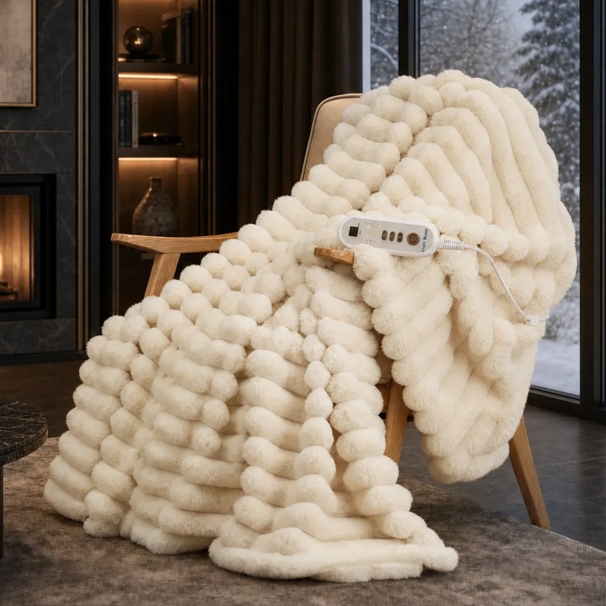 Cozy Bliss beige heated faux fur blanket draped over an armchair beside a home fireplace#color_Beige