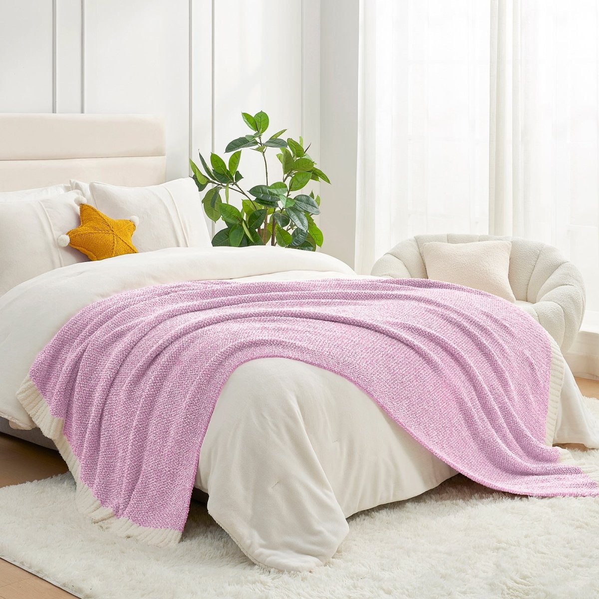 Heather Feather Yarn Throw Blanket in Purple styled on a bed, enhancing bedroom decor with a soft, elegant and cozy layered look. #Color_Purple