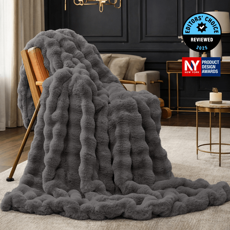 Cozy Bliss Luxurious Bubble Faux Fur Throw Blanket in charcoal grey front view #color_Charcoal Grey
