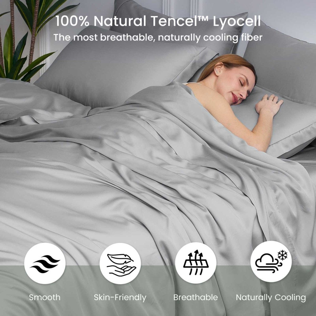 Adult sleeping under Cozy Bliss Tencel™ Eco-friendly Silky Duvet Cover Set, illustrating breathable and naturally cooling comfort. #color_Grey