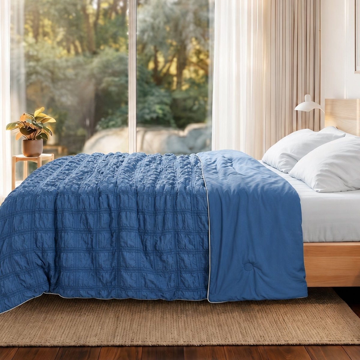 Cozy Bliss lightweight seersucker cooling comforter in side view, perfect for hot sleepers.#color_Dark Blue