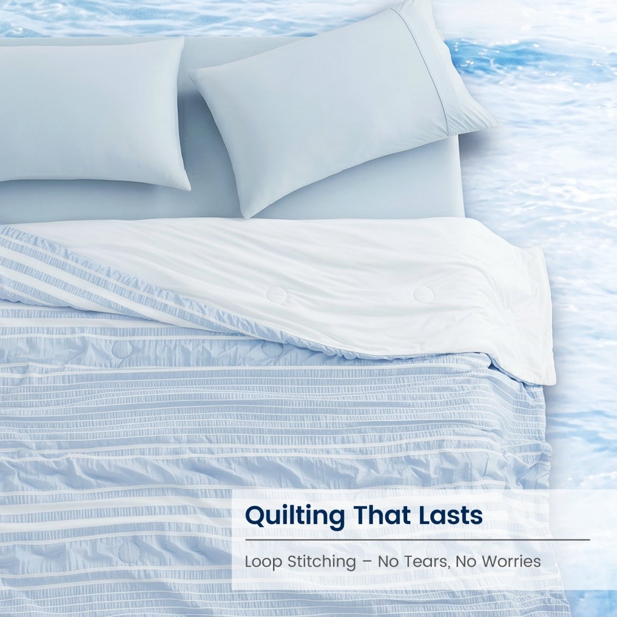 Cooling comforter in Sky Blue with durable quilting and striped seersucker texture #color_Sky Blue