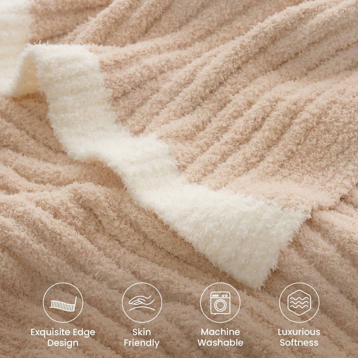 Close-up of ribbed texture and contrast edge on Soft Ribbed Feather Yarn Throw Blanket in Beige featuring skin-friendly, machine washable and luxurious softness. #Color_Beige